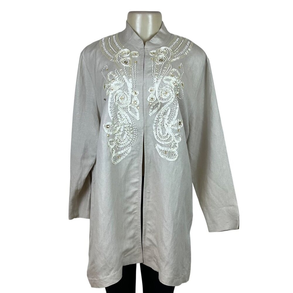 American Glamour Badgley Mischka Womens Beige Embellished Longline Blouse Size X